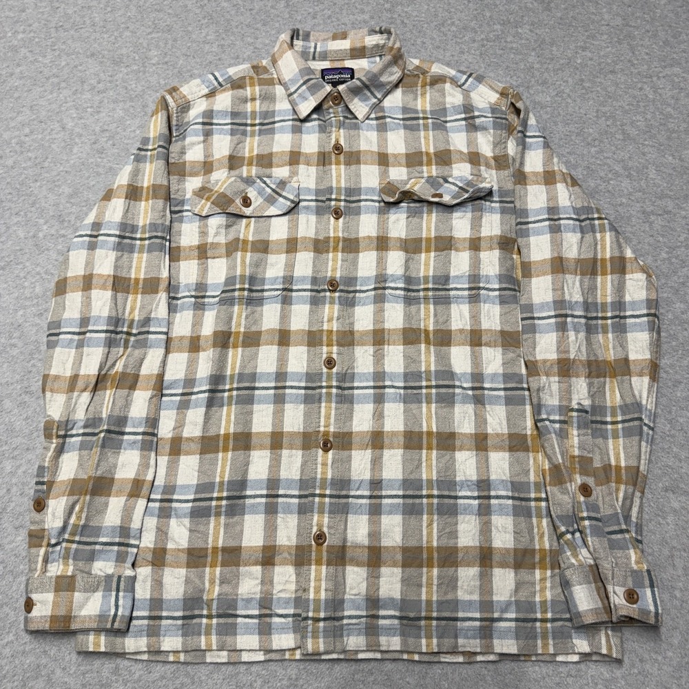Patagonia Fjord Flannel Shirt Mens M Beige Plaid Organic Cotton Long Sleeve